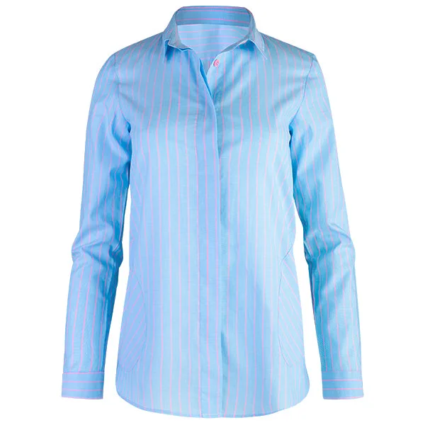 Women's Blouse with Notched CollarFrench Pocket Pinstripe Shirt in Light Blue/Pink Stripe