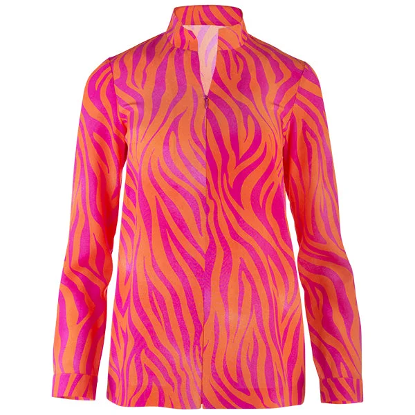 Women's Blouse with Mandarin CollarZip Front Camilla Tunic in Orange/Fuchsia Zebra