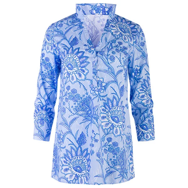 Women's Blouse with Collarless DesignPolo Collar Tunic in Batik Floral