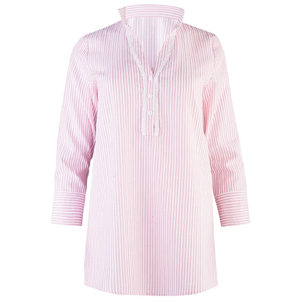 Women's Blouse with Square CollarStriped Polo Collar Tunic in Brick Red/White Stripe