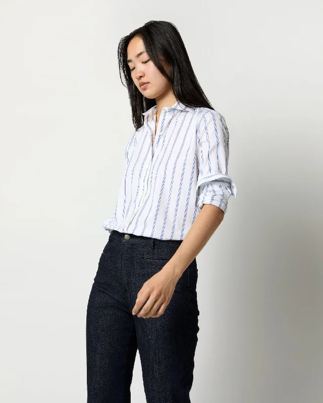 Women's Blouse with Mandarin CollarUnderstudy Shirt in White/Blue Multi Stripe Poplin