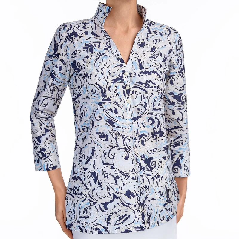 Women's Blouse with Square NeckPolo Collar Tunic in Paisley Splash