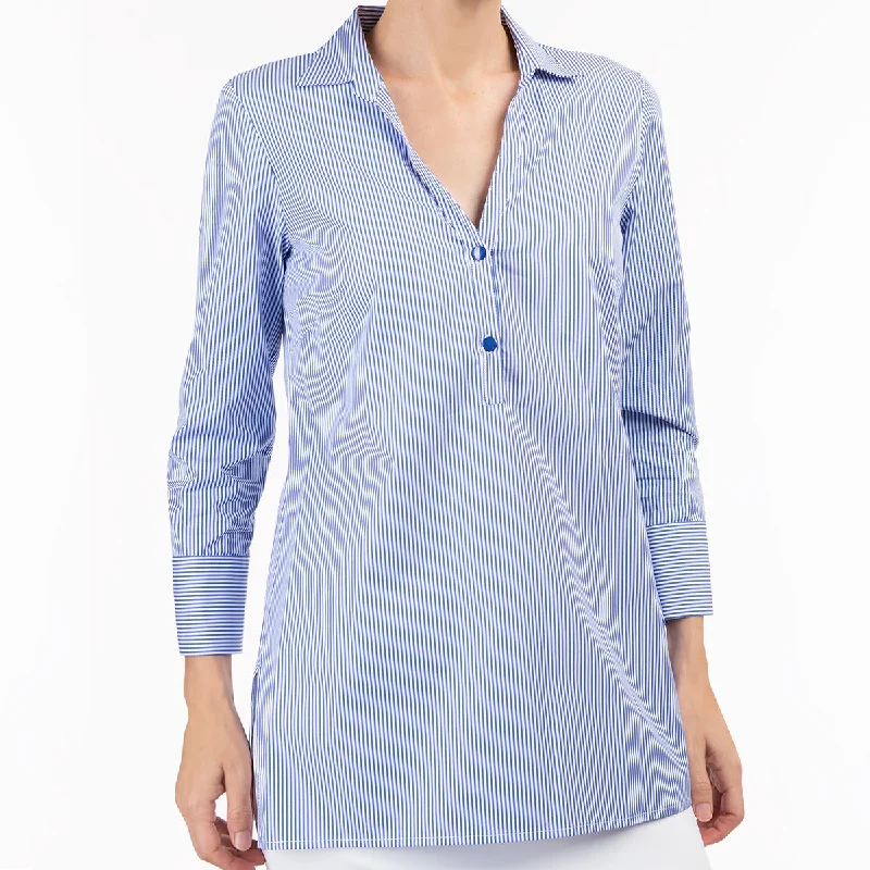 Women's Blouse for PartySpread Collar Tunic in Blue/White Stripe