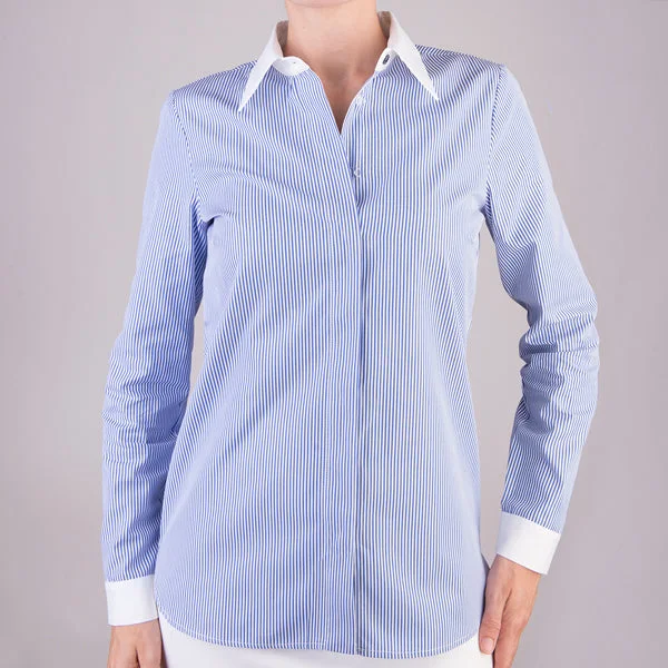 Women's Blouse with Notched CollarStripe Shirt w Contrast Collar & Cuff in Navy/White Stripe