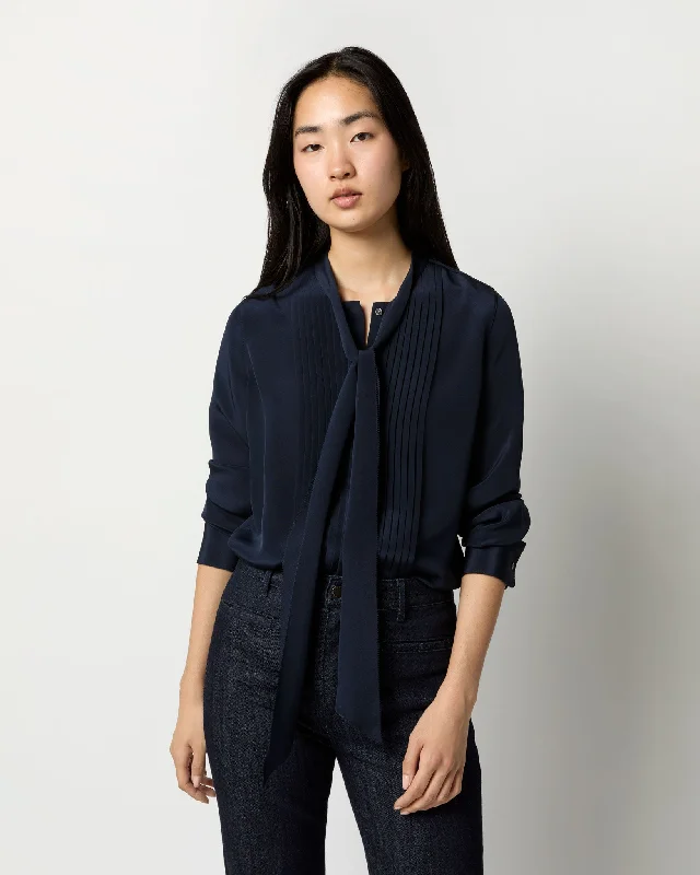 Women's Blouse with SmockingMarigold Blouse in Navy Silk Crepe de Chine