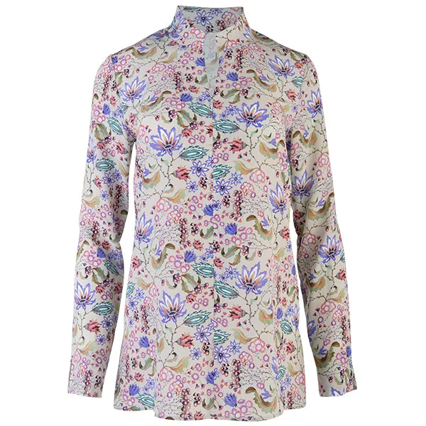 Women's Blouse with Notched CollarZip Front High Collar Tunic in Fantasy Botanical