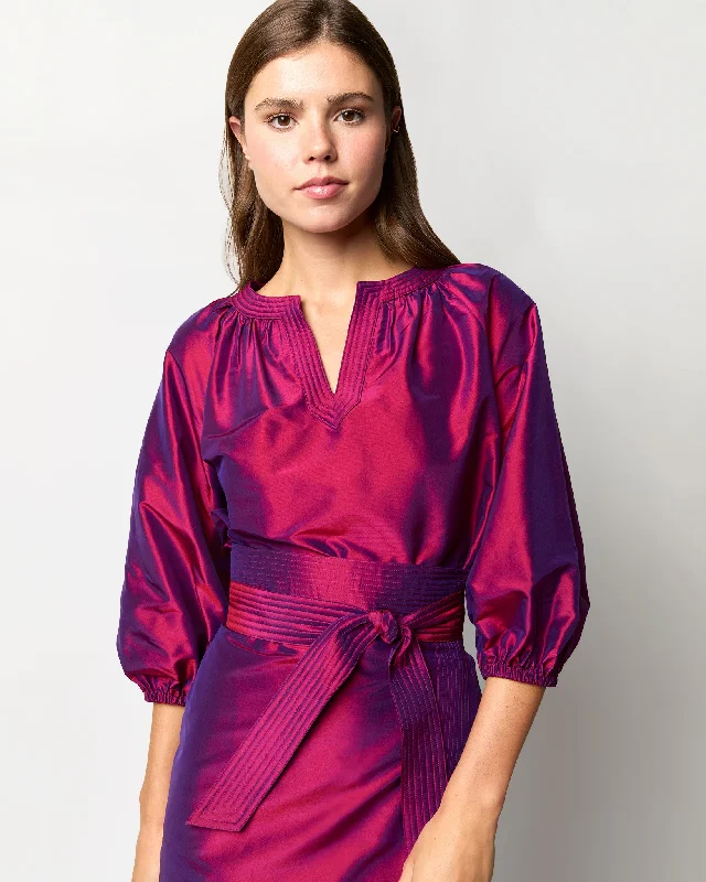 Women's Blouse with Square CollarTrapunto Blouson Top in Berry Iridescent Silk Shantung