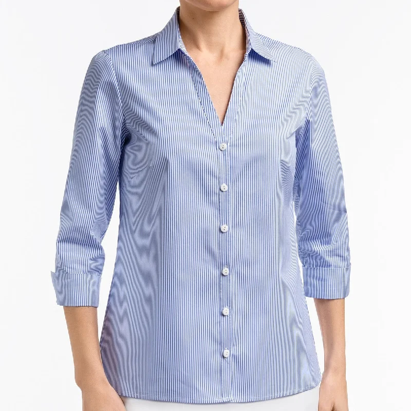 Women's Blouse with Square CollarV Placket Blouse in Blue & White Stripe