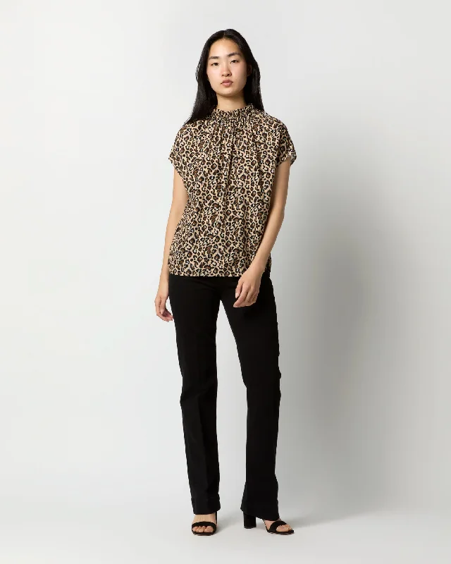 Women's Blouse with Notched CollarDora Top in Camel/Black Painterly Leopard Crepe de Chine