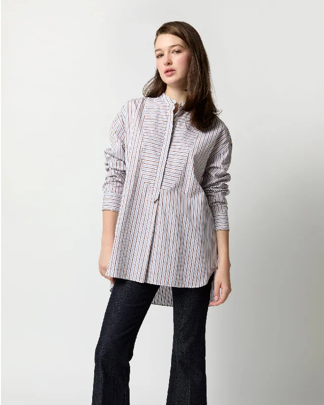 Women's Blouse with Short SleevesChristiane Bib-Front Tunic in Brown/Navy/White Multi Stripe Poplin