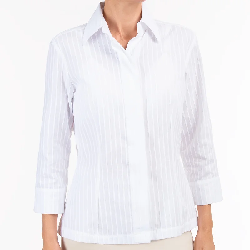 Women's Blouse with Collar3/4 Slv Hidden Placket Shirt in White/White Stripe