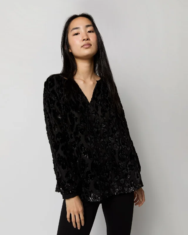 Women's Blouse with Collarless DesignAriana Blouse in Black Leopard Fil Coupé Georgette