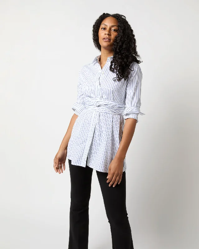 Women's Blouse with Collarless DesignGabrielle Tie Tunic in White/Blue Stripe Poplin