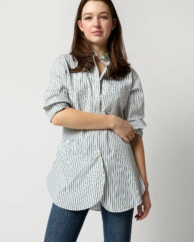 Women's Blouse with Sweetheart NeckBoyfriend Shirt in White/Green Multi Stripe Poplin