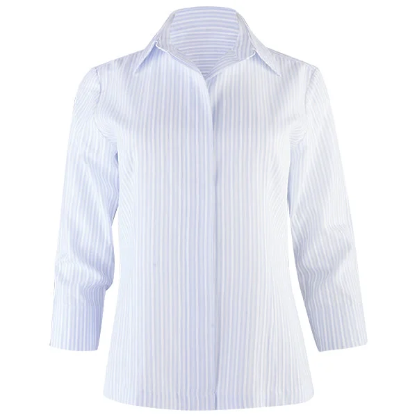 Women's Blouse with Wide Collar3/4 Slv Hidden Placket Shirt in Lt Blue/White Stripe