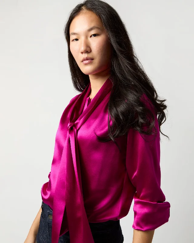 Women's Blouse with Long LengthTie-Neck Blouse in Magenta Silk Charmeuse