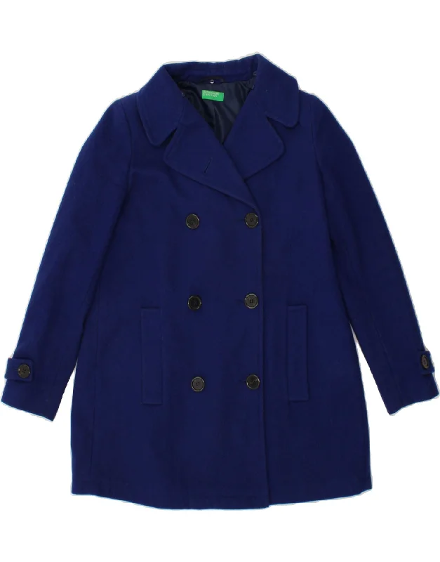 Women's Coats with Fur Trimmed ButtonsBENETTON Womens Pea Coat UK 8 Small Blue Wool