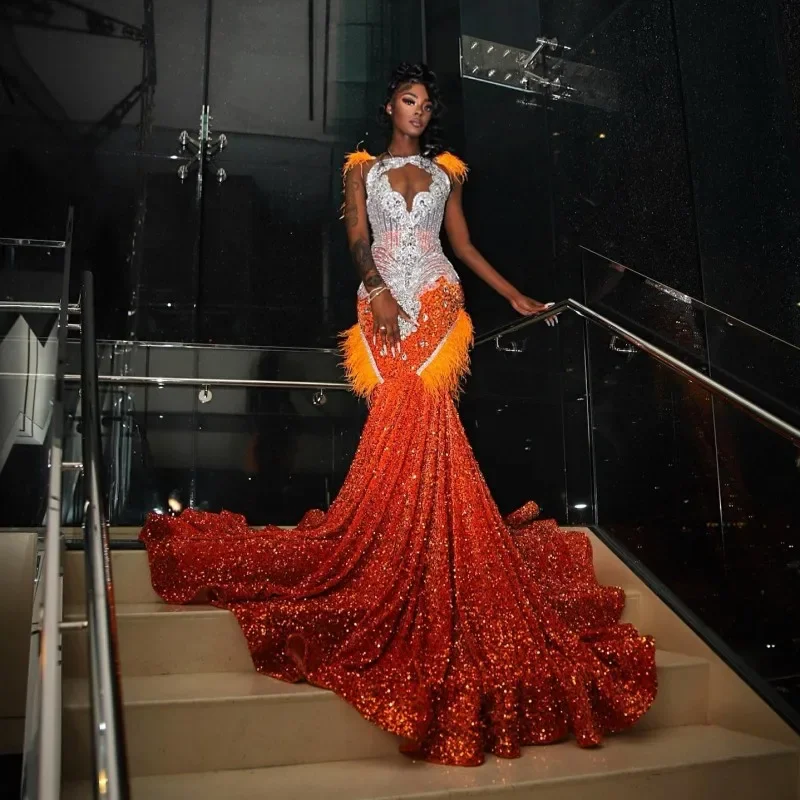 Women's High Collar DressesLuxury Orange Prom Dresses For Black Girls Feathers Rhinestone Sequin Mermaid Party Gowns Afrcian Women Crystal Evening Dress