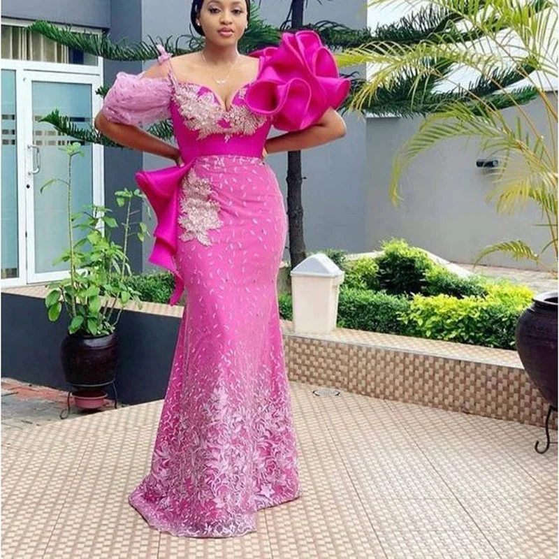 Women's Collarless DressesFuchisa Robe Plus Size Evening Dresess Mermaid Ruffles Flowers Appliques Beads Sequins Lace Prom Dress Aso Ebi Party Gowns