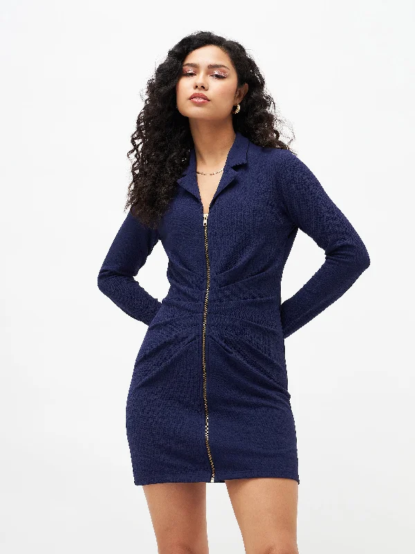 Women's Long-Sleeve DressesWomen Navy Front Zipper Bodycon Dress