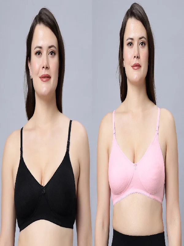 wireless bra with ruched sides for slimmingNon padded medium coverage Black and Pink Color Everyday Bra (Pack of 2)