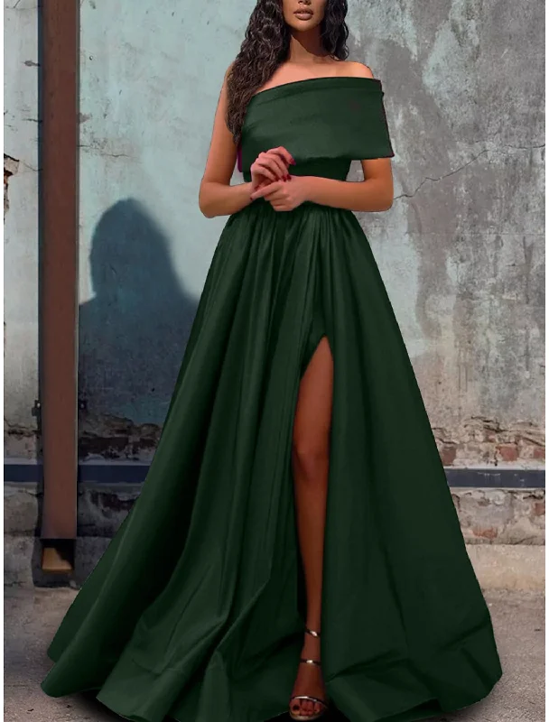 Women's V-Shaped Collar DressesA-Line Prom Dresses Sexy Dress Party Wear Wedding Party Floor Length Short Sleeve One Shoulder Satin with Pleats Slit