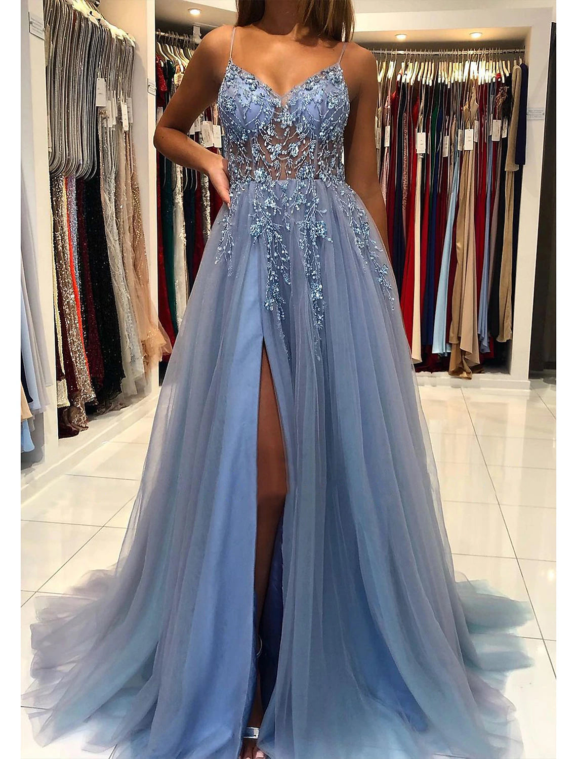 Women's Collarless DressesA-Line Prom Party Dress Princess Dress Formal Prom Court Train Sleeveless V Neck Tulle with Beading