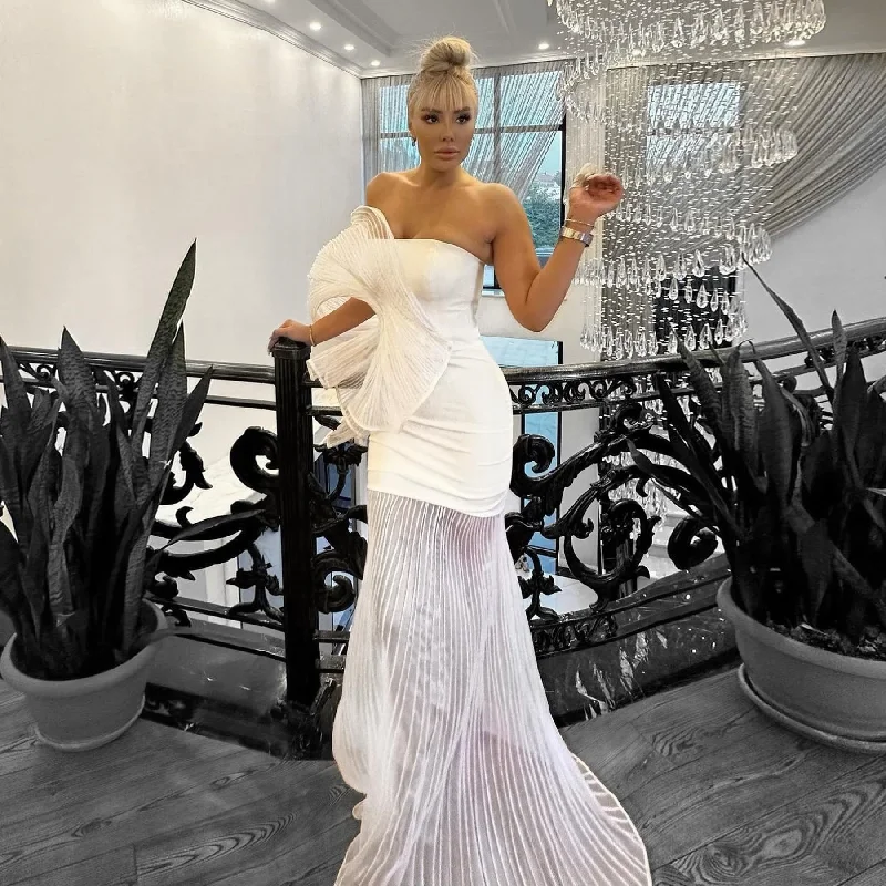 Women's Turtleneck DressesFashion White Pleated Long Prom Dresses with 3D Pleated Shoulder Couture Mermaid Evening Party Dress