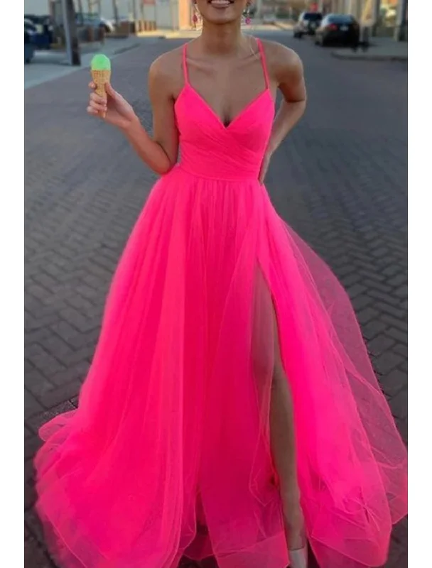 Women's Shawl Collar DressesA-Line Prom Dresses Sexy Dress Wedding Party Birthday Court Train Sleeveless Spaghetti Strap Organza with Slit