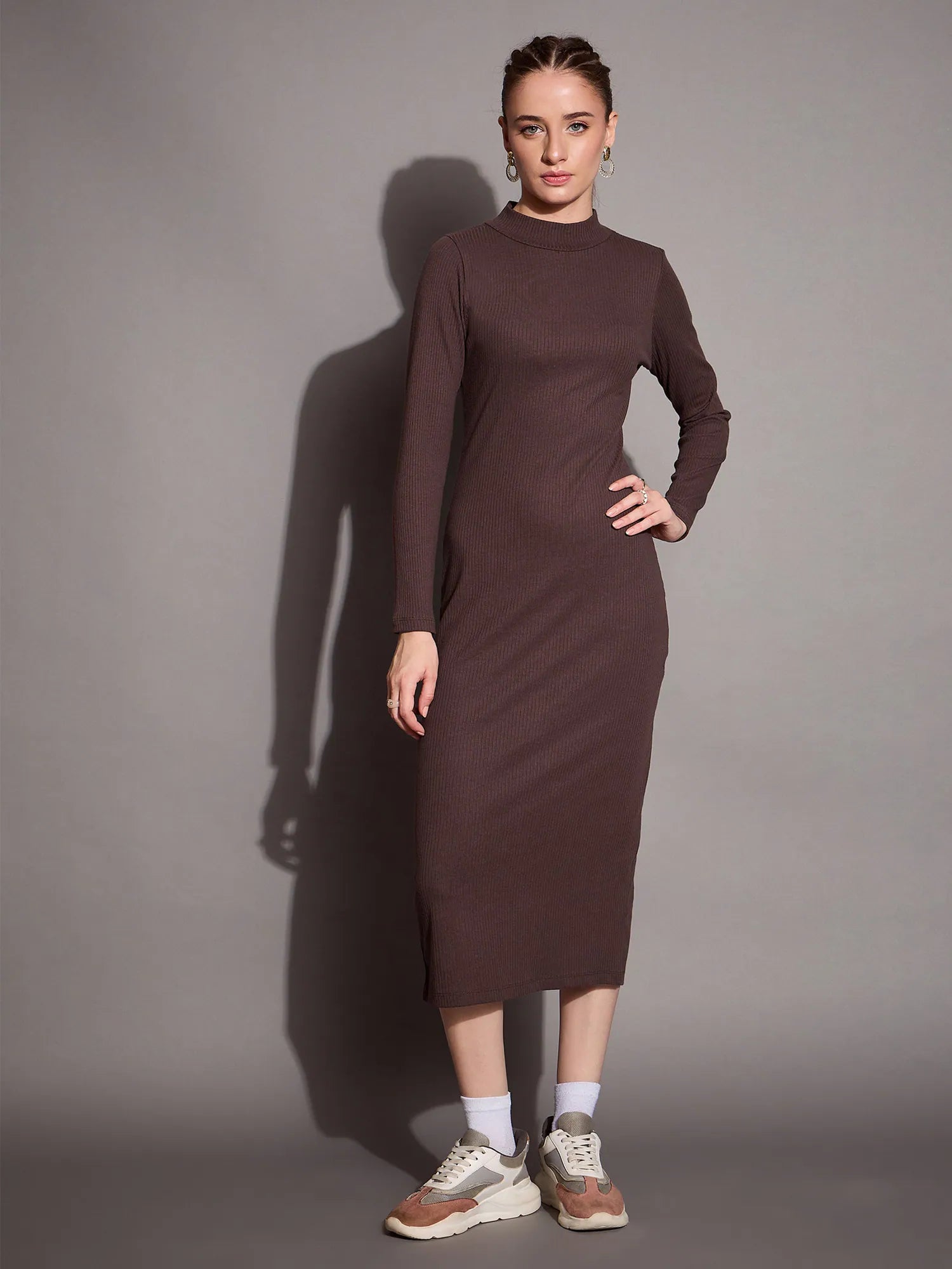 Women's Shift DressesWomen Brown Ribbed Back Slit Full Sleeves Bodycon Dress-SFDRSS12393