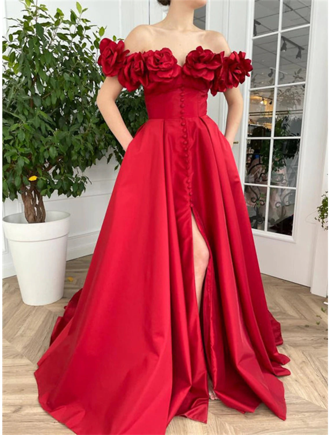 Women's Midi DressesA-Line Prom Dresses Sexy Dress Wedding Guest Wedding Party Court Train Short Sleeve Off Shoulder Taffeta with Buttons Slit Appliques