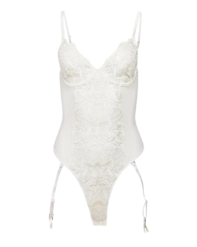 lightweight mesh panties with a floral lace overlay for a feminine lookLola Bow Embroidery Bodysuit, Ivory