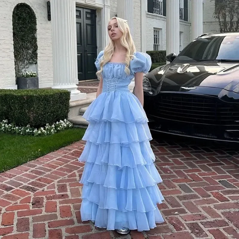 Women's Low Collar DressesFashion Lady Sky Blue Tiered Skirt Prom Dress Puff Short Sleeves Lace Up Formal Party Evening Gown Teen Birthday Vestidos