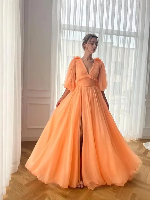 Women's Bodycon DressesWomen's V Neck Puffy Sleeve Prom Dresses Open Back Long Chiffon High Slit Formal Party Gown with Pockets