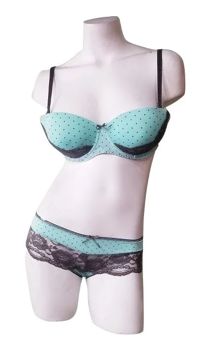 stretch lace panties with a high-leg cut for a flirty appeal2 Piece Swiss Dots Bra & Panty Set - Soft Mint