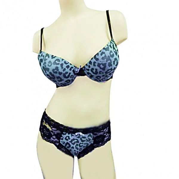 seamless high-waisted briefs for all-day comfort2 Piece Leopard & Lace Bra & Panty Set - Blue