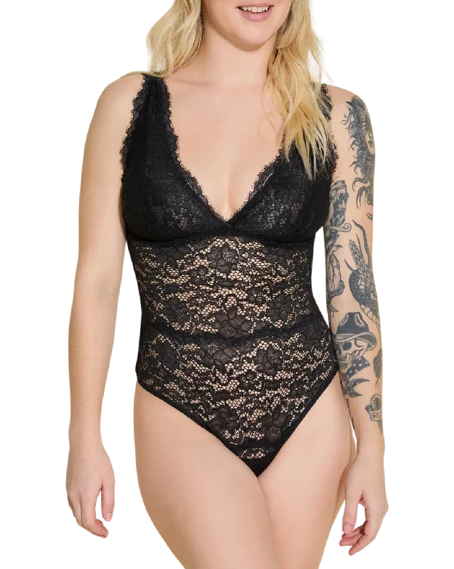 sheer lace panties with an adjustable waistbandPret A Porter Lace Bodysuit, Black