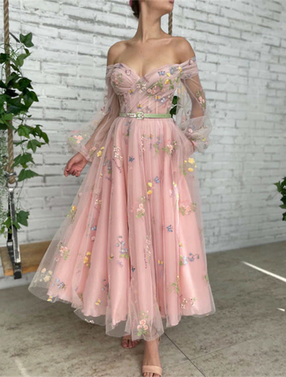 Women's Boat Collar DressesA-Line Prom Dresses Floral Dress Birthday Garden Party Ankle Length Long Sleeve Off Shoulder Fall Wedding Guest Lace with Embroidery Appliques