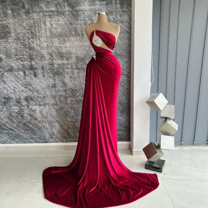 Women's Low Collar DressesFormal Dark Red Mermaid Prom Dresses For Women Satin Crystal Strapless Sleevelss Pleat Sexy Evening Party Gowns Robe De Mariage