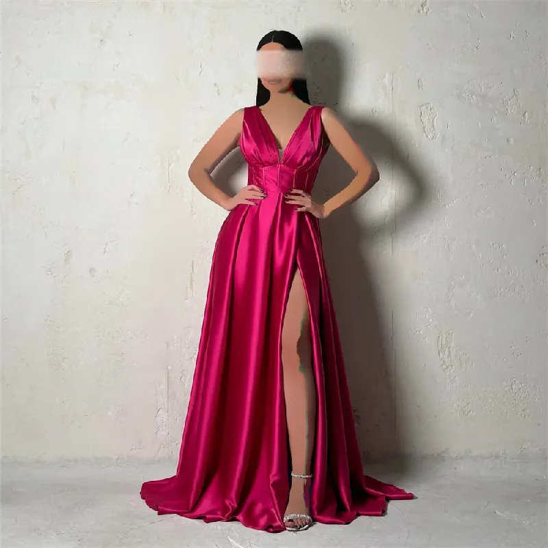 Women's Fit and Flare DressesSimple Elegant Modern Floor-length Sleeveless Evening Dresses For Woman V-Neck Satin Prom Gowns Side Split A-Line Party Dress