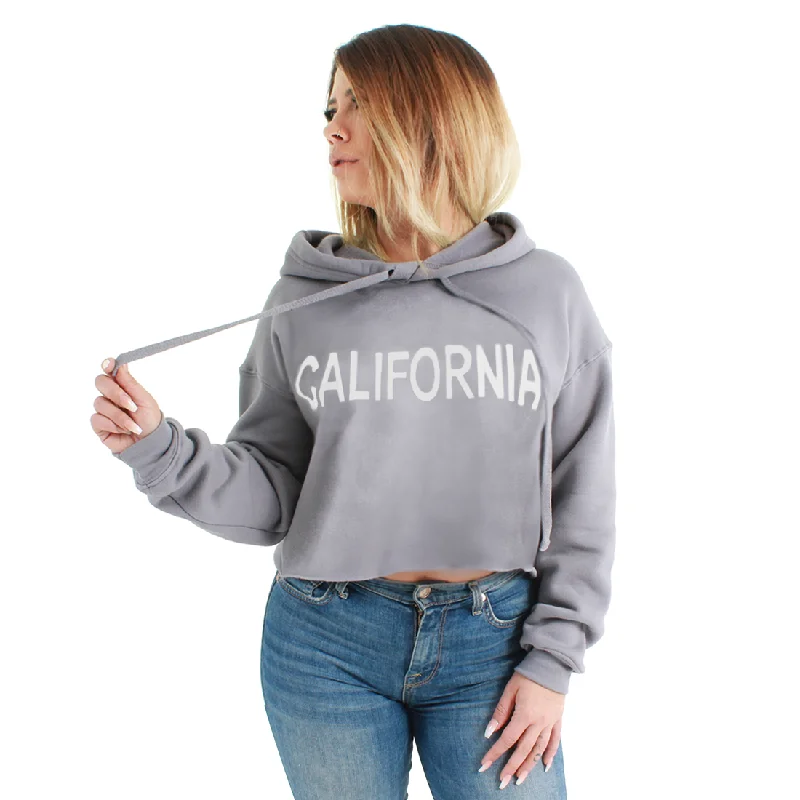 Women's Hooded Sweatshirts with Stretch WaistCalifornia Bold Text Cropped Hoodie Grey