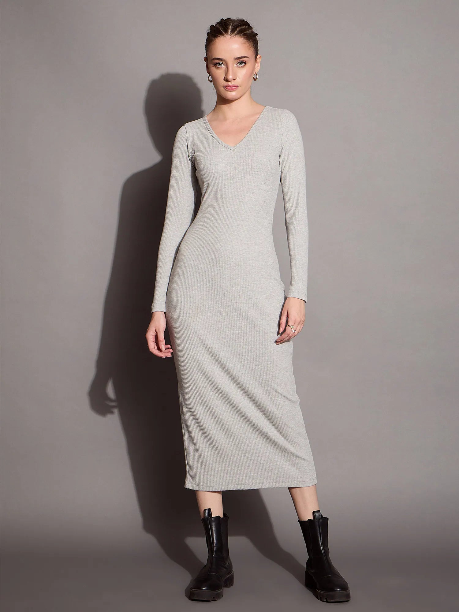 Women's Maxi DressesWomen Grey Melange Ribbed V-Neck Full Sleeves Bodycon Dress-SFDRSS12391