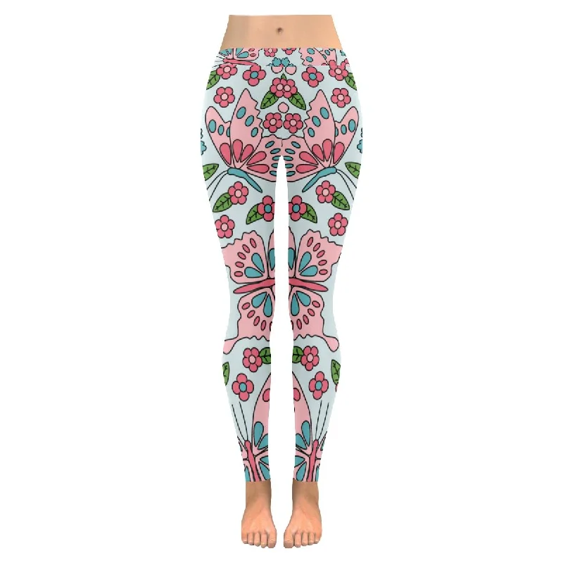 Zenzzle pink flowers and butterflies Low Rise Ladies yoga running Leggings