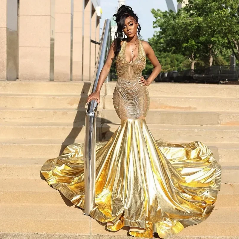 Women's Peter Pan Collar DressesSparkly Gold Crystal Prom Dresses Backless Rhinestone Tassel Mermaid Party Gowns Sweep Train African Women Evening Dress