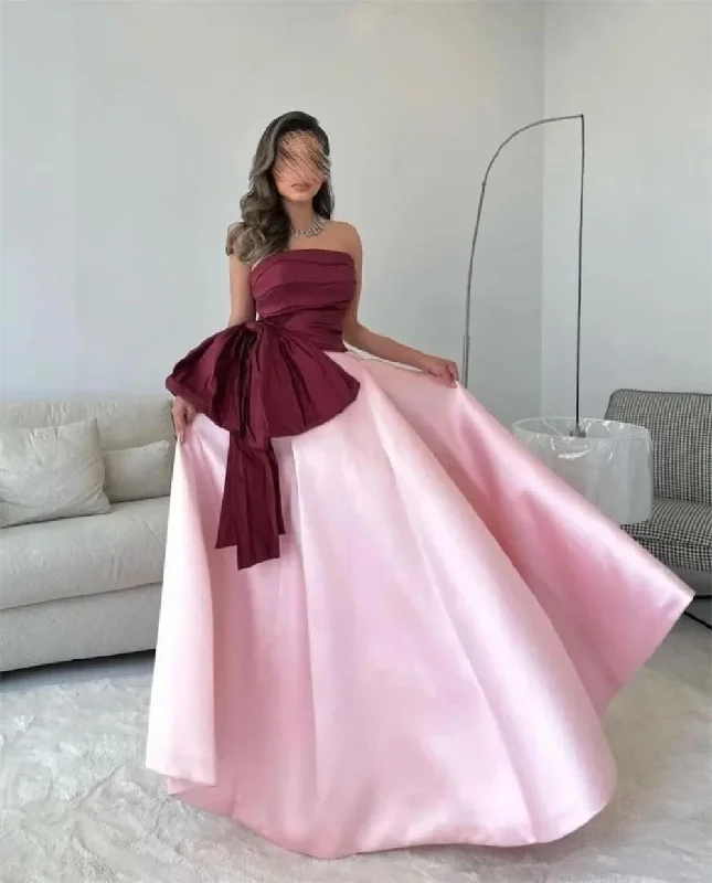 Women's Wide Collar DressesSatin A-line Strapless Ruffle Arab Prom Gown Bow Floor Length Saudi Evening Formal Elegant Party Dress for Women 2024