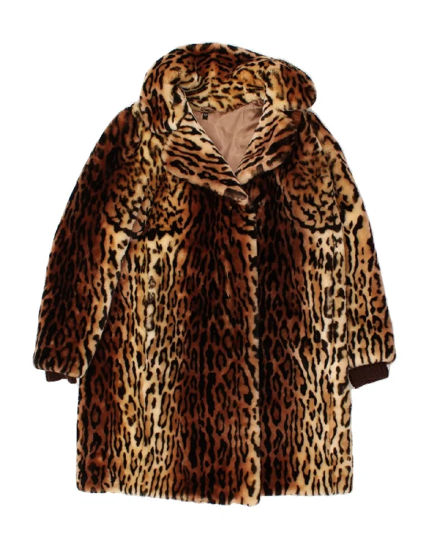 Women's Coats with Fur Trimmed ButtonsVINTAGE Womens Faux Fur Overcoat IT 42 Medium Brown Animal Print