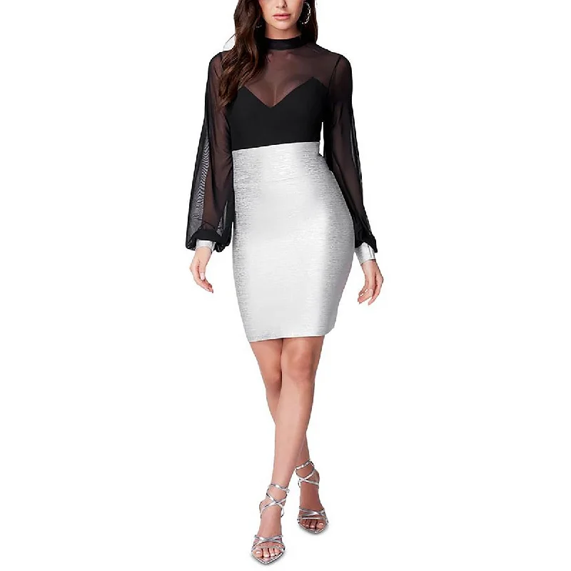 Women's Wide Collar DressesBebe Womens Illusion Metallic Bodycon Dress