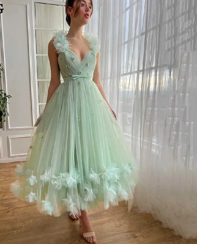 Women's Round-Neck DressesMint Green Prom Dresses Fairy 3D Flowers Party Dress For Women Princess Tea Length Formal Wedding Gowns Summer