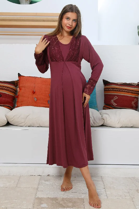 women's pajamas for winter warmthShopymommy 55102 Silence Lace Embroidered Maternity & Nursing Nightgown Plum