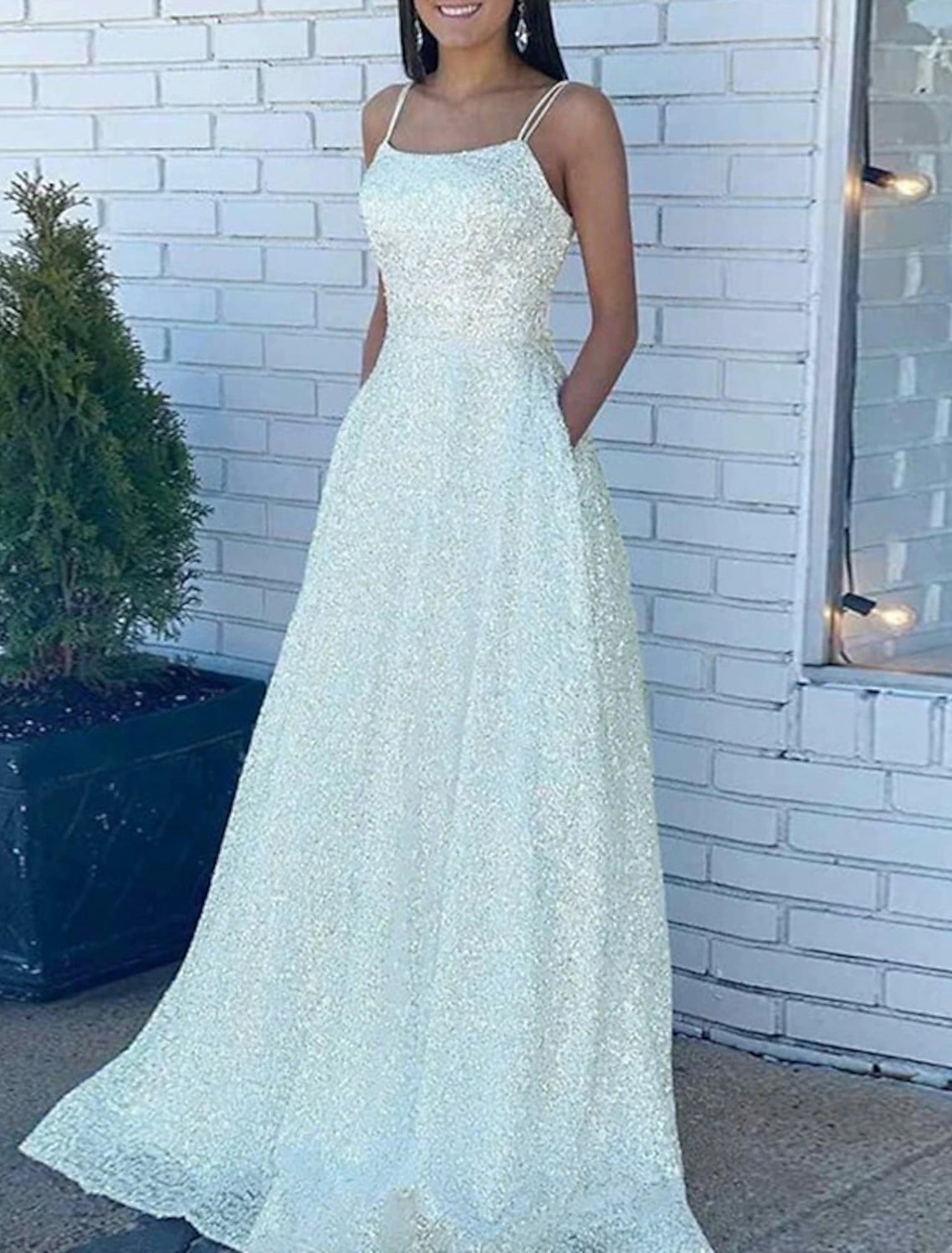 Women's Boat-Neck DressesA-Line Prom Dresses Sparkle & Shine Dress Wedding Guest Party Wear Court Train Sleeveless Spaghetti Strap Sequined with Sequin Strappy